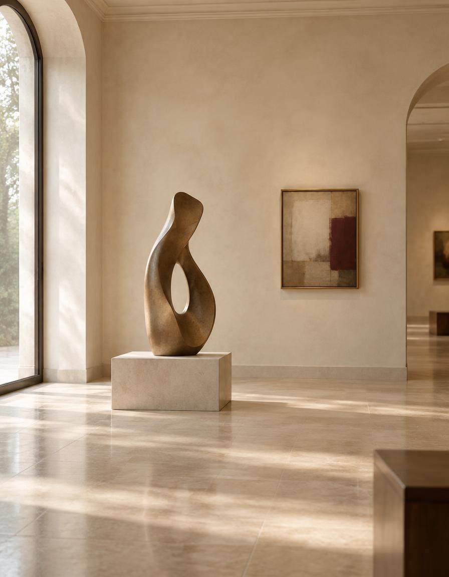 A quiet gallery interior with an abstract bronze sculpture in warm daylight